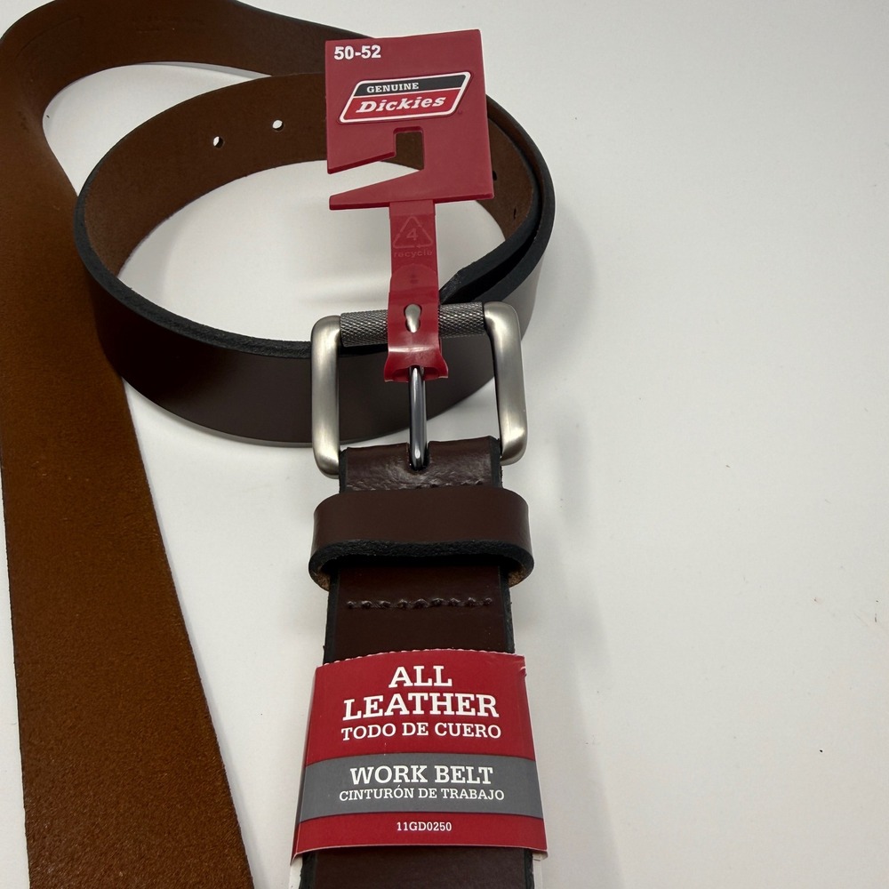 Dickies Mens Dark Brown All Leather Work Belt Silver Roller Buckle 50-52 Classic
